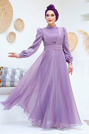 Drape Detaylı Lila Tesettür Abiye Elbise 45701LILA