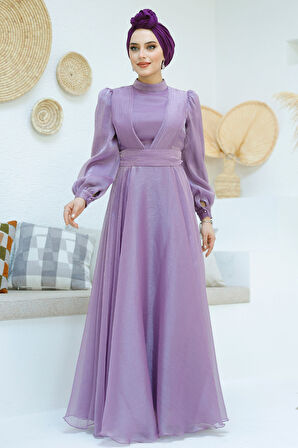 Drape Detaylı Lila Tesettür Abiye Elbise 45701LILA