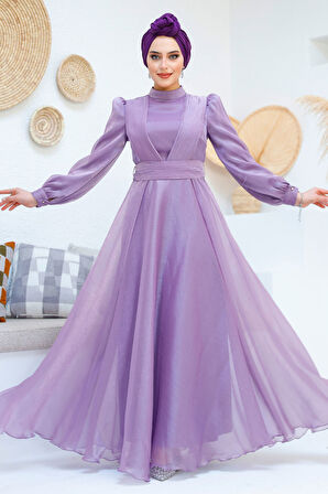 Drape Detaylı Lila Tesettür Abiye Elbise 45701LILA