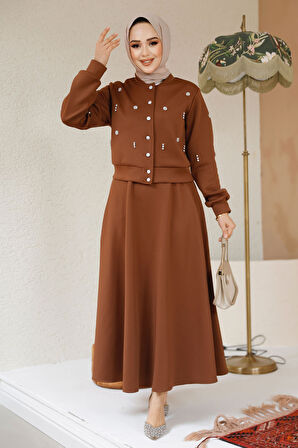 Boncuk Detaylı Taba Tesettür Etekli İkili Takım 1277TB