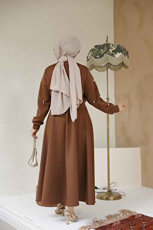 Boncuk Detaylı Taba Tesettür Etekli İkili Takım 1277TB