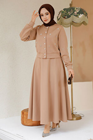 Boncuk Detaylı Bisküvi Tesettür Etekli İkili Takım 1277BS