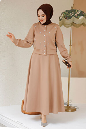 Boncuk Detaylı Bisküvi Tesettür Etekli İkili Takım 1277BS