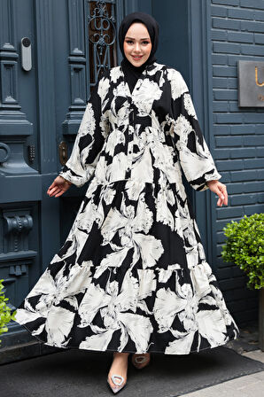 Çiçek Desenli Siyah Viskon Tesettür Elbise 235801S