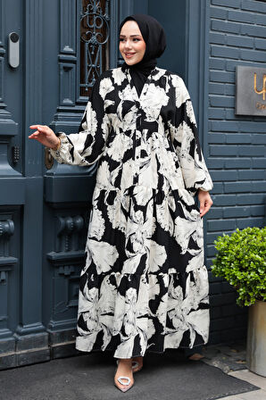 Çiçek Desenli Siyah Viskon Tesettür Elbise 235801S