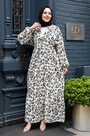 Desenli Ekru Viskon Tesettür Elbise 235803E