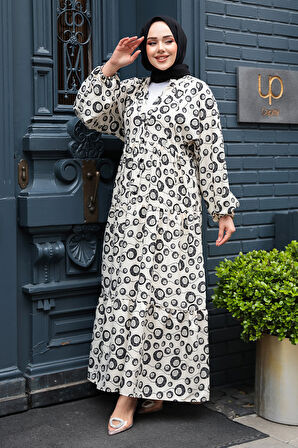 Desenli Ekru Viskon Tesettür Elbise 235803E