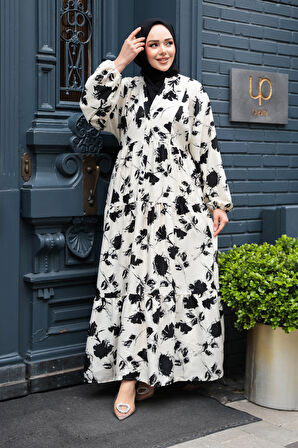 Çiçek Desenli Ekru Viskon Tesettür Elbise 235804E
