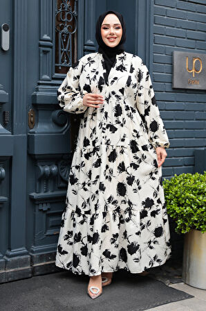 Çiçek Desenli Ekru Viskon Tesettür Elbise 235804E