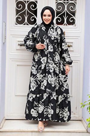 Çiçek Desenli Siyah Viskon Tesettür Elbise 23588S