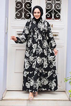 Çiçek Desenli Siyah Viskon Tesettür Elbise 23588S