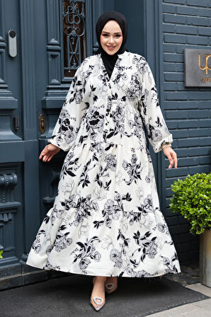 Çiçek Desenli Ekru Viskon Tesettür Elbise 23589E