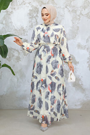 Desenli Gri Tesettür Elbise 344601GR