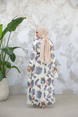 Desenli Gri Tesettür Elbise 344601GR