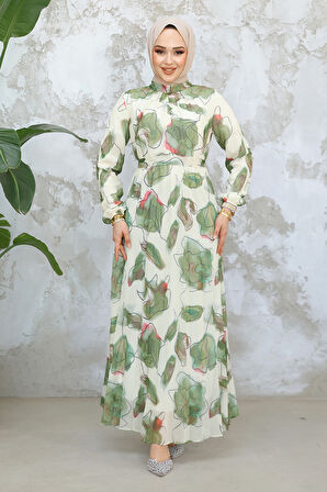 Desenli Haki Tesettür Elbise 344601HK