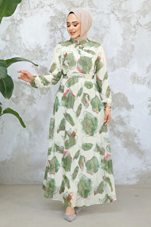 Desenli Haki Tesettür Elbise 344601HK