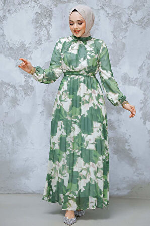 Çiçek Desenli Haki Tesettür Elbise 344602HK
