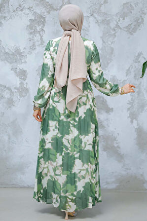 Çiçek Desenli Haki Tesettür Elbise 344602HK
