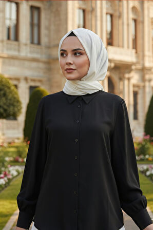 Düğmeli Siyah Tesettür Gömlek 52284S