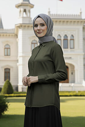 Düğmeli Haki Tesettür Gömlek 52284HK