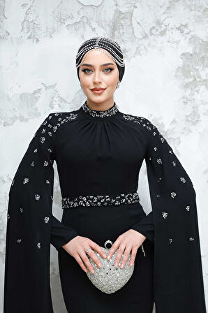Pelerinli Siyah Tesettür Abiye Elbise 4863S