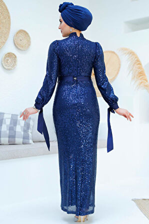 Pul Payetli Lacivert Tesettür Abiye Elbise 4667L