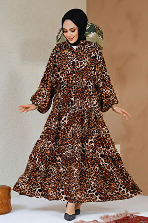 Leopar Desenli Tesettür Elbise 20572LP