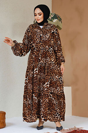 Leopar Desenli Tesettür Elbise 20572LP