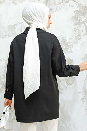 Düğmeli Siyah Tesettür Puane Gömlek 10564S