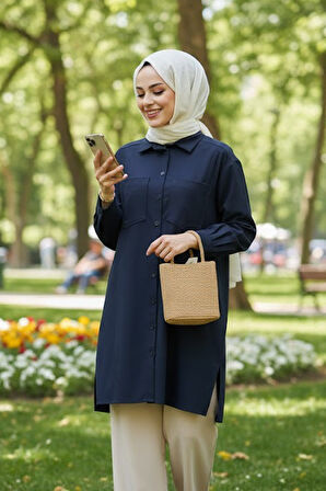 Düğmeli Lacivert Tesettür Puane Gömlek 10564L