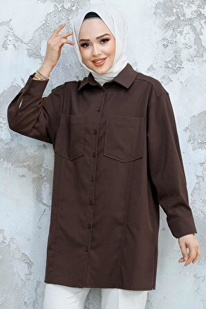 Düğmeli Kahverengi Tesettür Puane Gömlek 10564KH