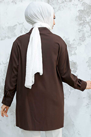 Düğmeli Kahverengi Tesettür Puane Gömlek 10564KH