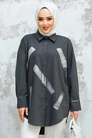Desenli Antrasit Tesettür Puane Gömlek 31984ANT