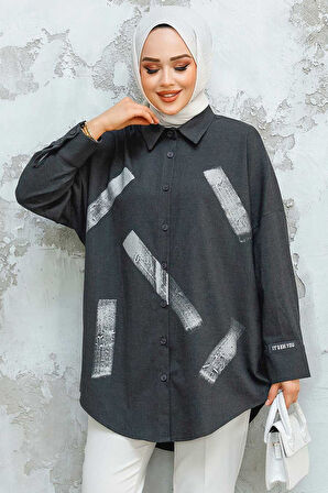 Desenli Antrasit Tesettür Puane Gömlek 31984ANT