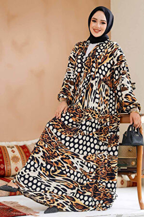 Leopar Desenli Tesettür Elbise 23041LP