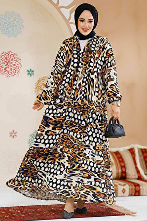 Leopar Desenli Tesettür Elbise 23041LP