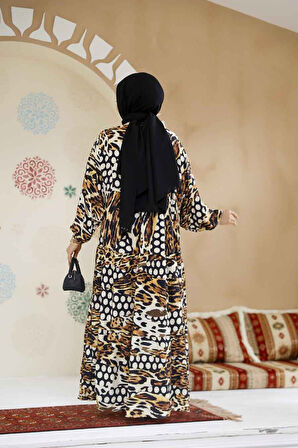 Leopar Desenli Tesettür Elbise 23041LP