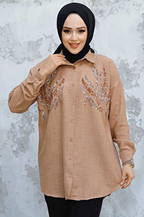 Boncuk İşlemeli Camel Tesettür Gömlek 4526C
