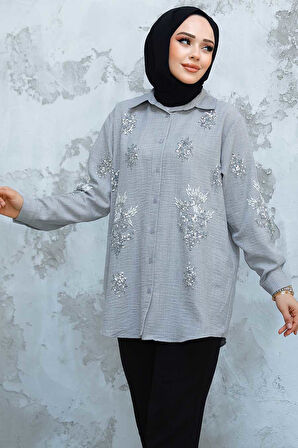 Boncuk İşlemeli Gri Tesettür Gömlek 45270GR