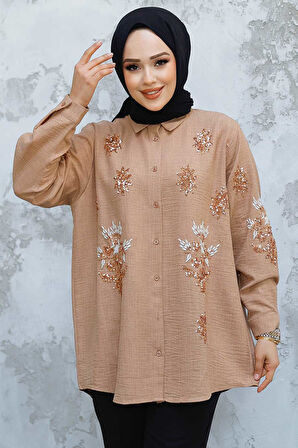 Boncuk İşlemeli Camel Tesettür Gömlek 45270C