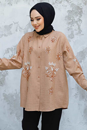 Boncuk İşlemeli Camel Tesettür Gömlek 45270C