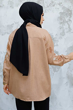Boncuk İşlemeli Camel Tesettür Gömlek 45270C