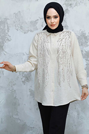 Boncuk İşlemeli Taş Tesettür Gömlek 45280TAS
