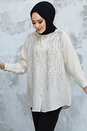 Boncuk İşlemeli Taş Tesettür Gömlek 45280TAS
