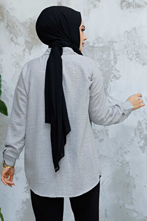 Boncuk İşlemeli Gri Tesettür Gömlek 45280GR