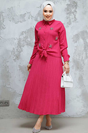 Boncuk Detaylı Fuşya Tesettür Etekli İkili Takım 60062F