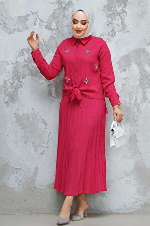 Boncuk Detaylı Fuşya Tesettür Etekli İkili Takım 60062F