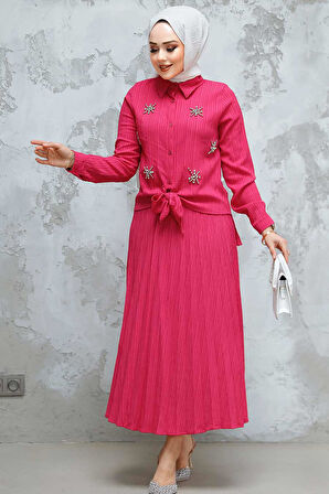 Boncuk Detaylı Fuşya Tesettür Etekli İkili Takım 60062F