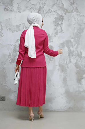 Boncuk Detaylı Fuşya Tesettür Etekli İkili Takım 60062F