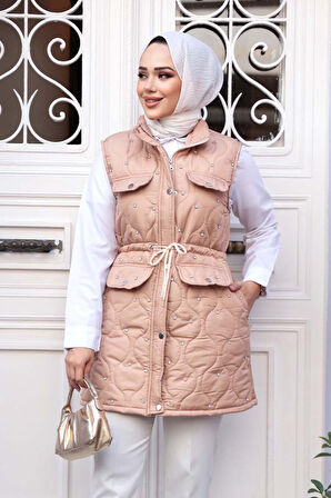 Boncuk Detaylı Bisküvi Tesettür Şişme Yelek 80321BS